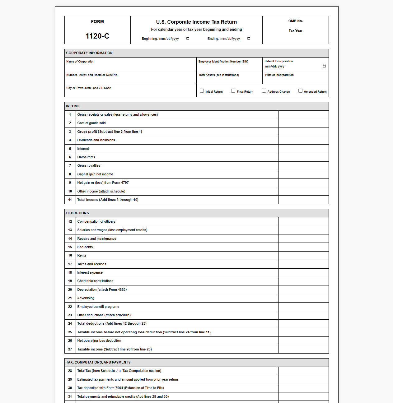 Corporate Income Tax Return Template