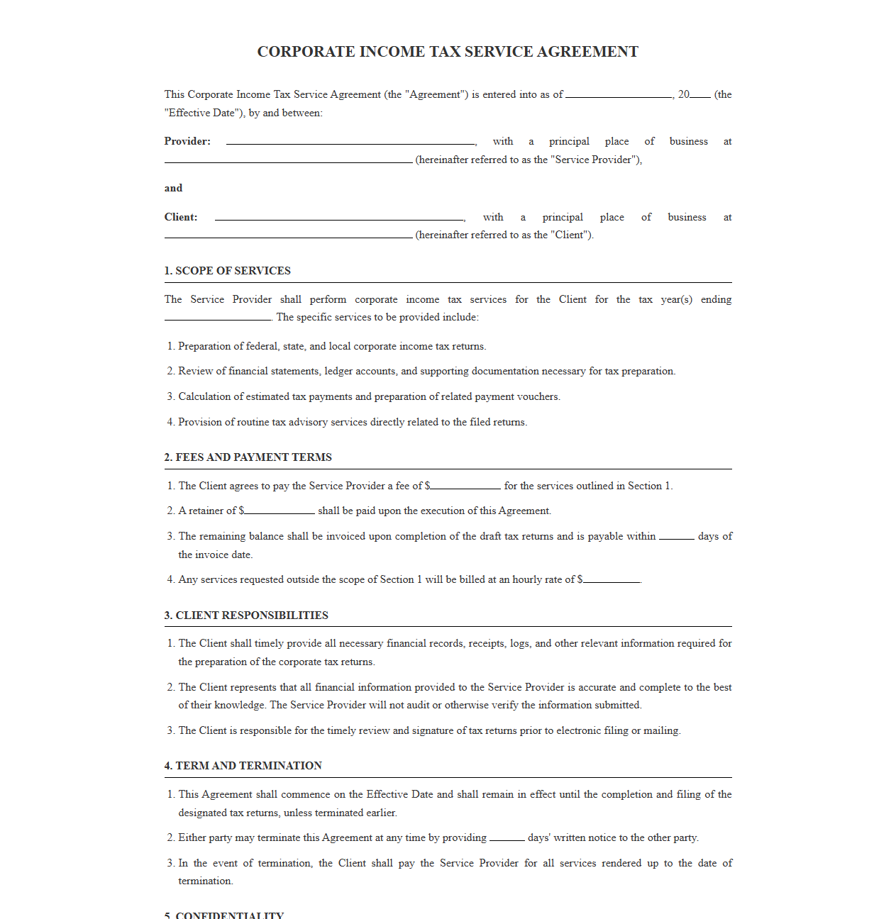 Corporate Income Tax Service Agreement Template