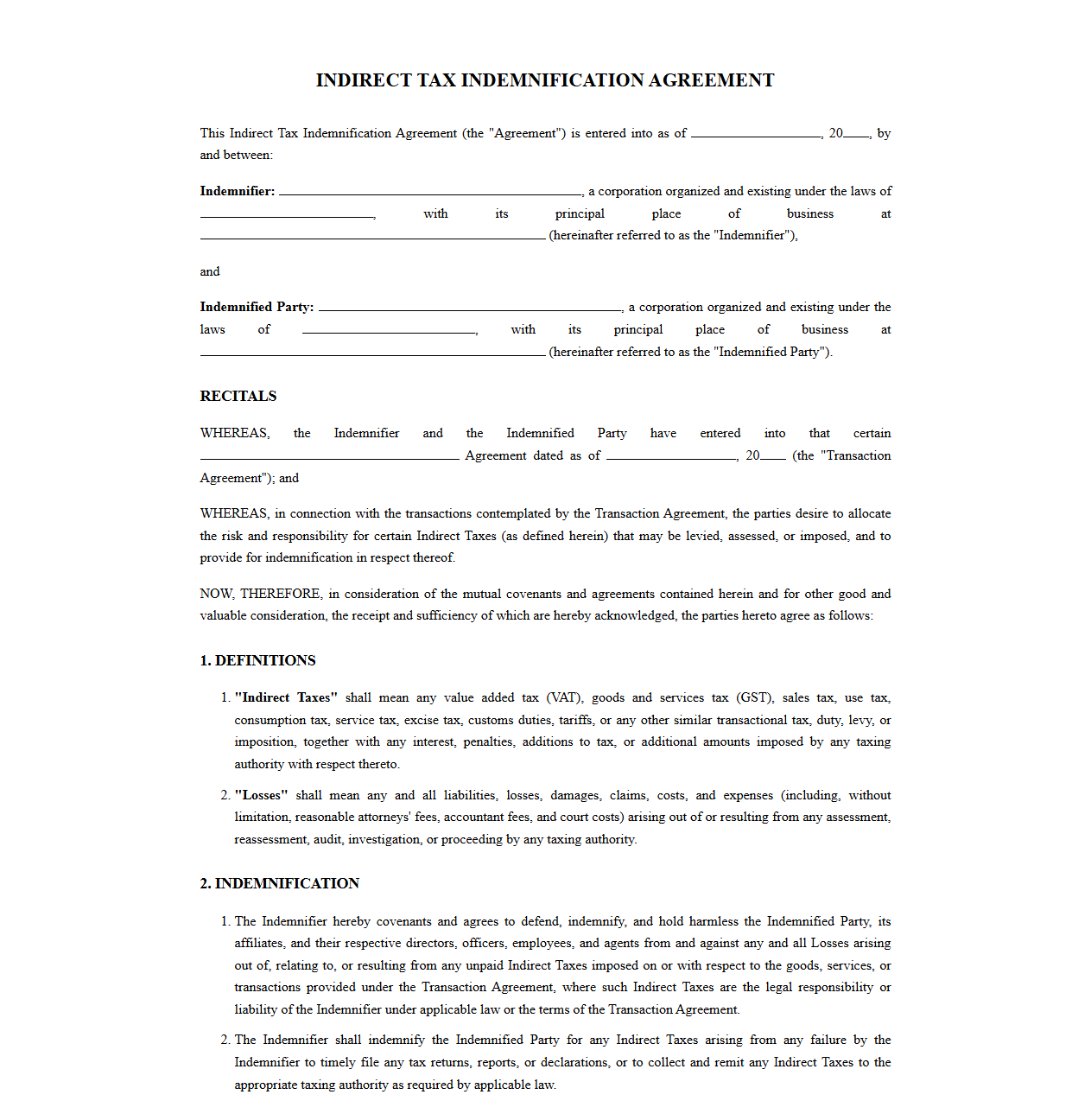 Corporate Indirect Tax Indemnification Agreement