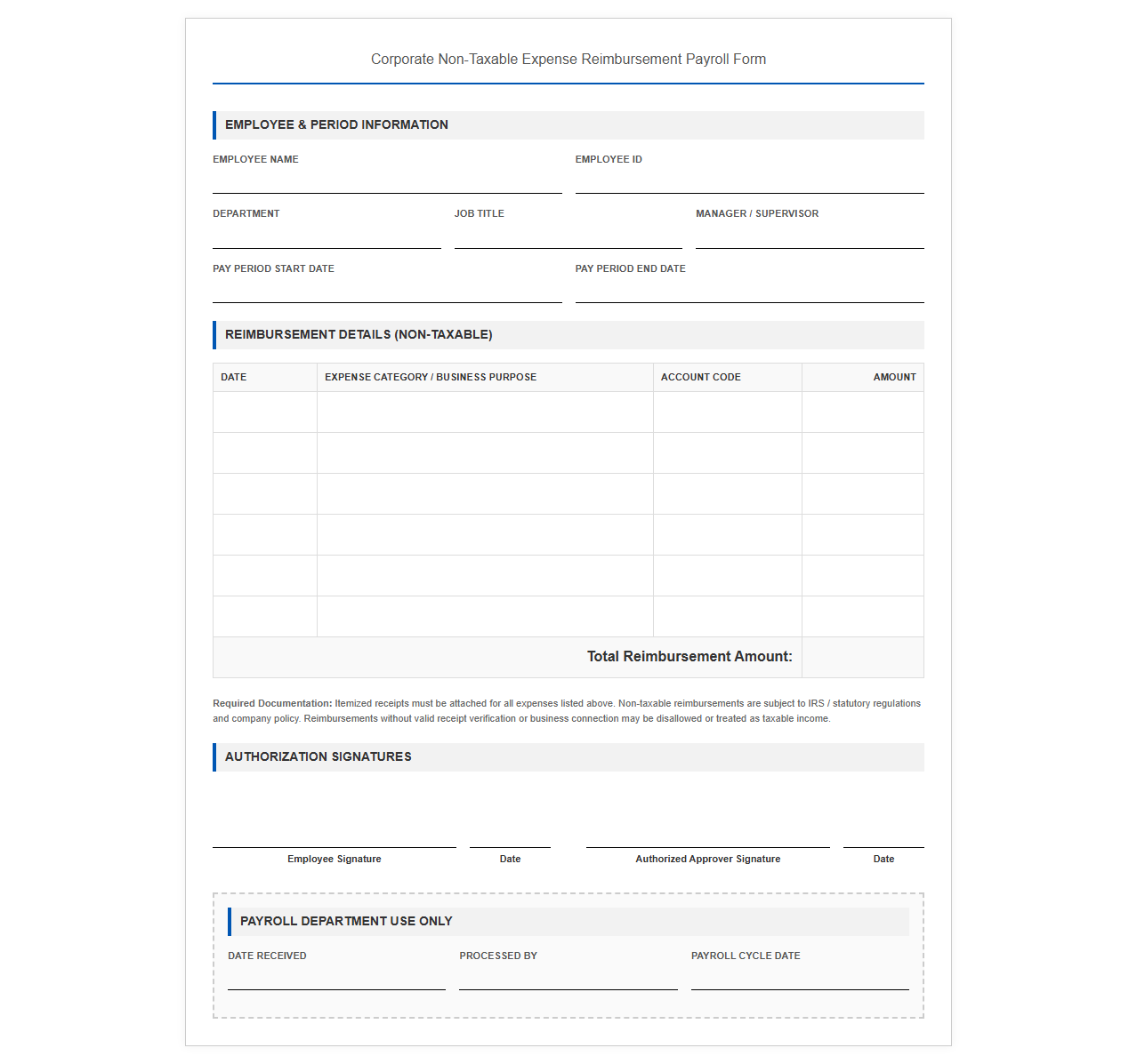 Corporate Non-Taxable Expense Reimbursement Payroll Form