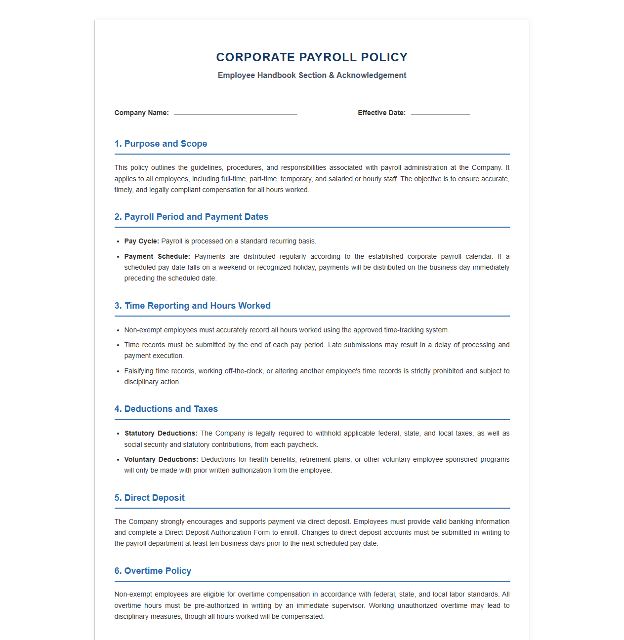 Corporate Payroll Policy and Employee Sign-Off Template