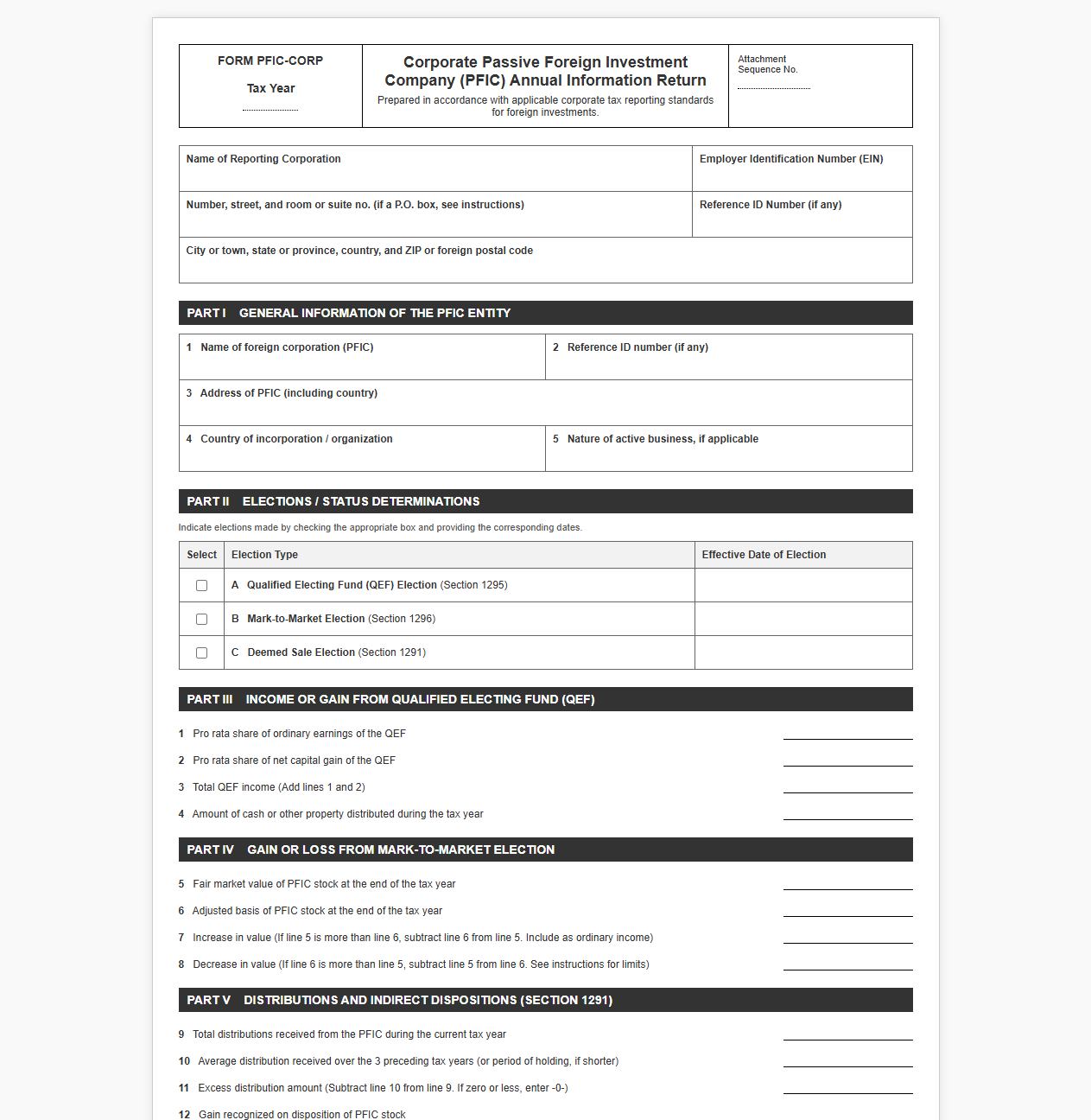 Corporate PFIC Tax Return Reporting Template