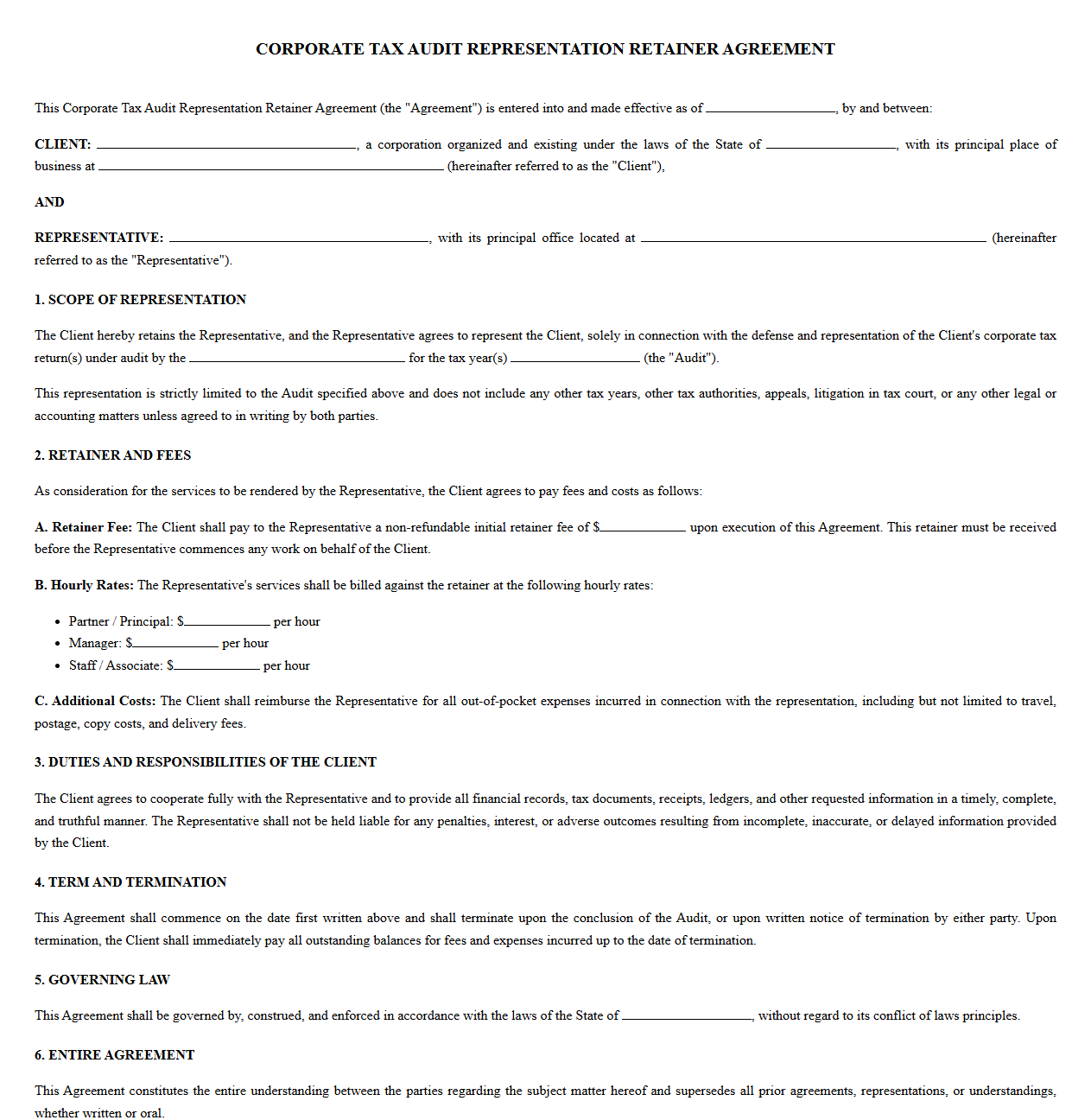 Corporate Tax Audit Representation Retainer Agreement