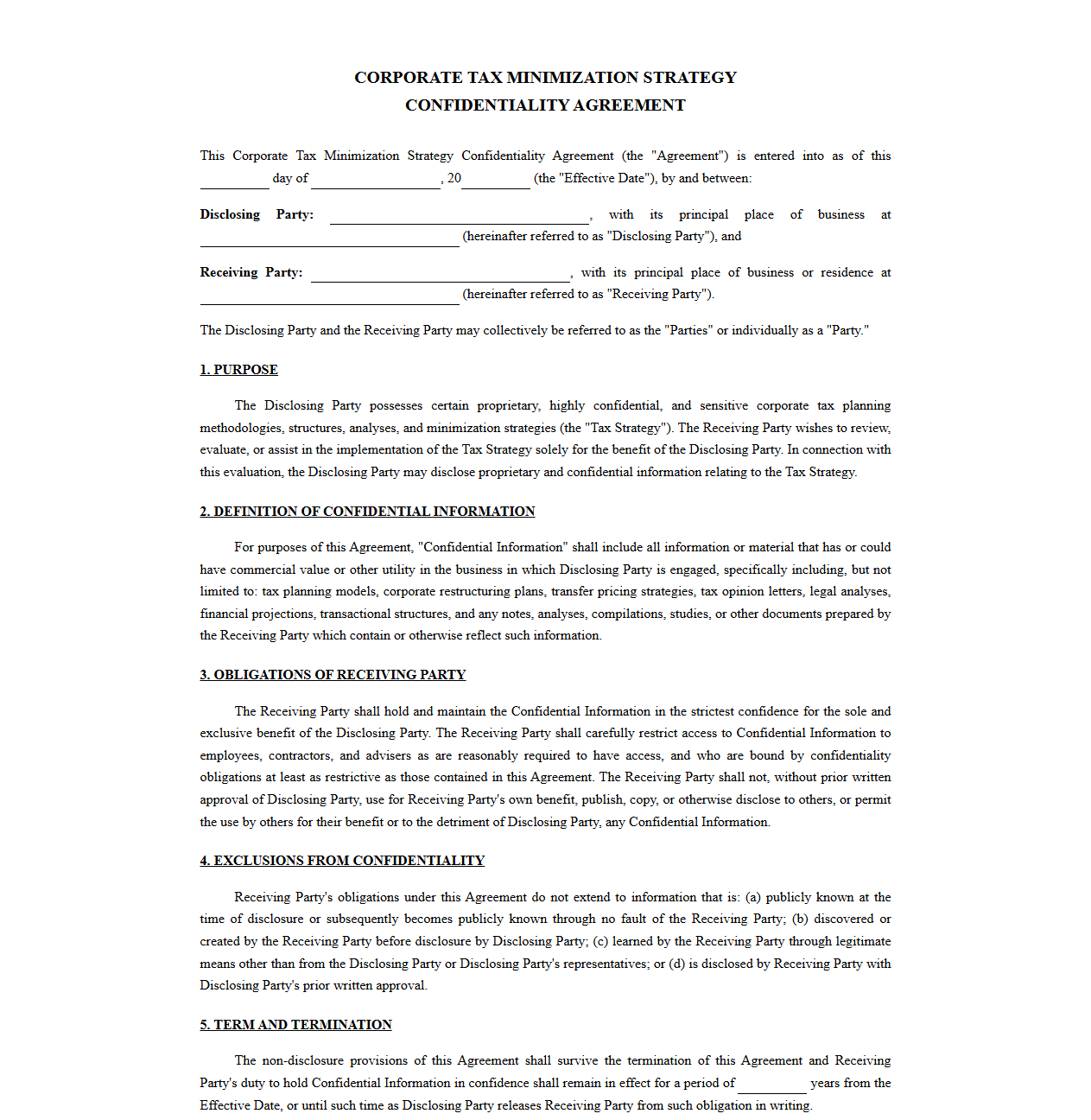 Corporate Tax Minimization Strategy Confidentiality Agreement