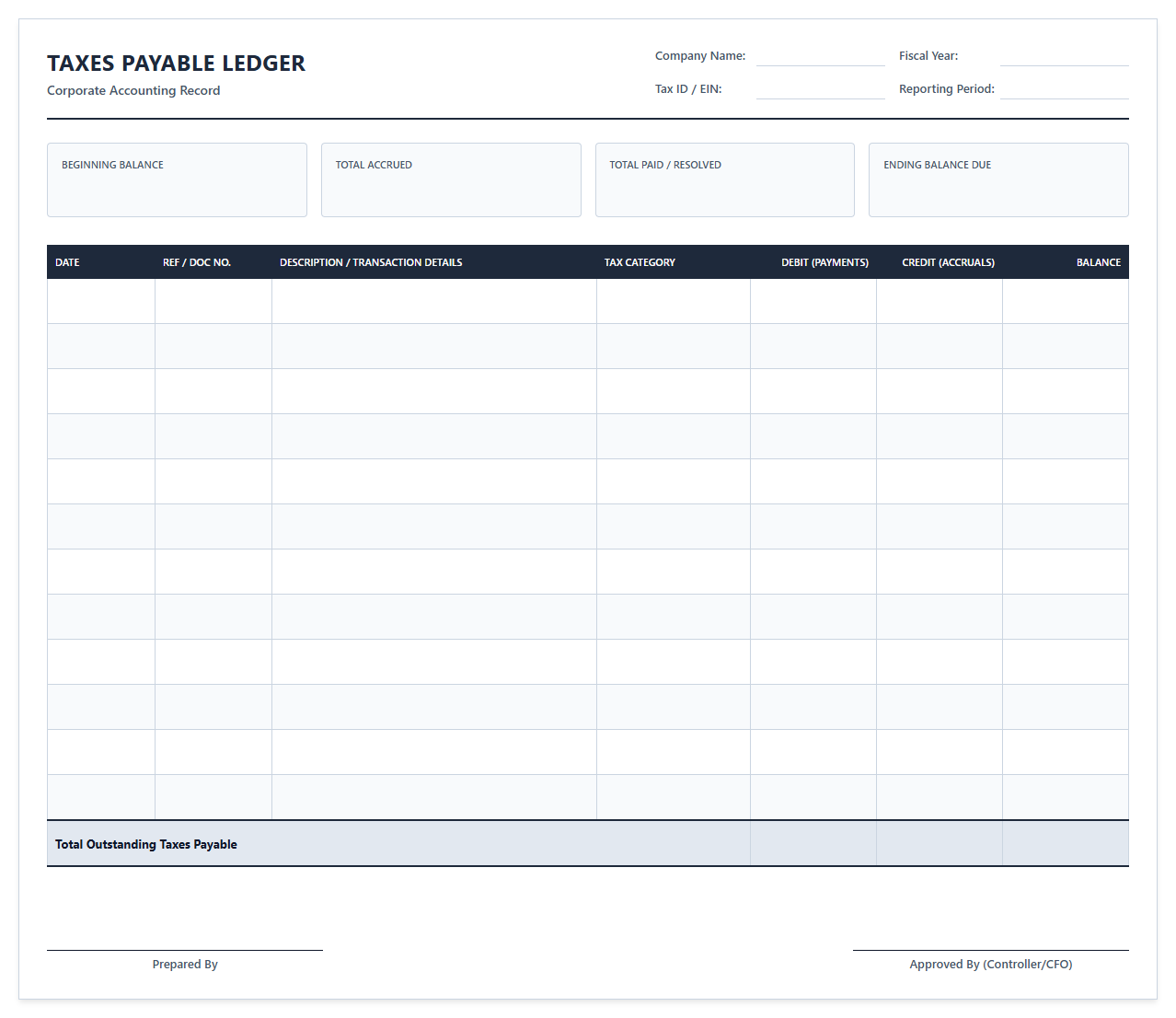 Corporate Taxes Payable Ledger Spreadsheet