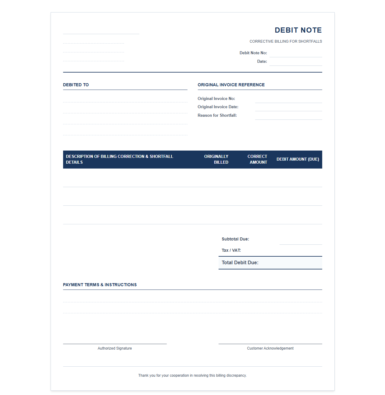 Corrective Debit Invoice for Billing Shortfalls