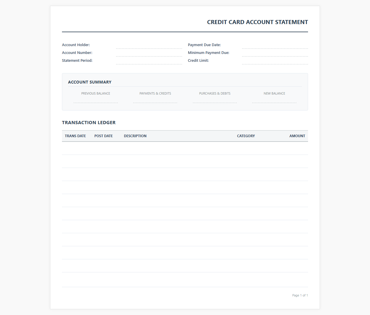 Credit Card Transaction Ledger Template