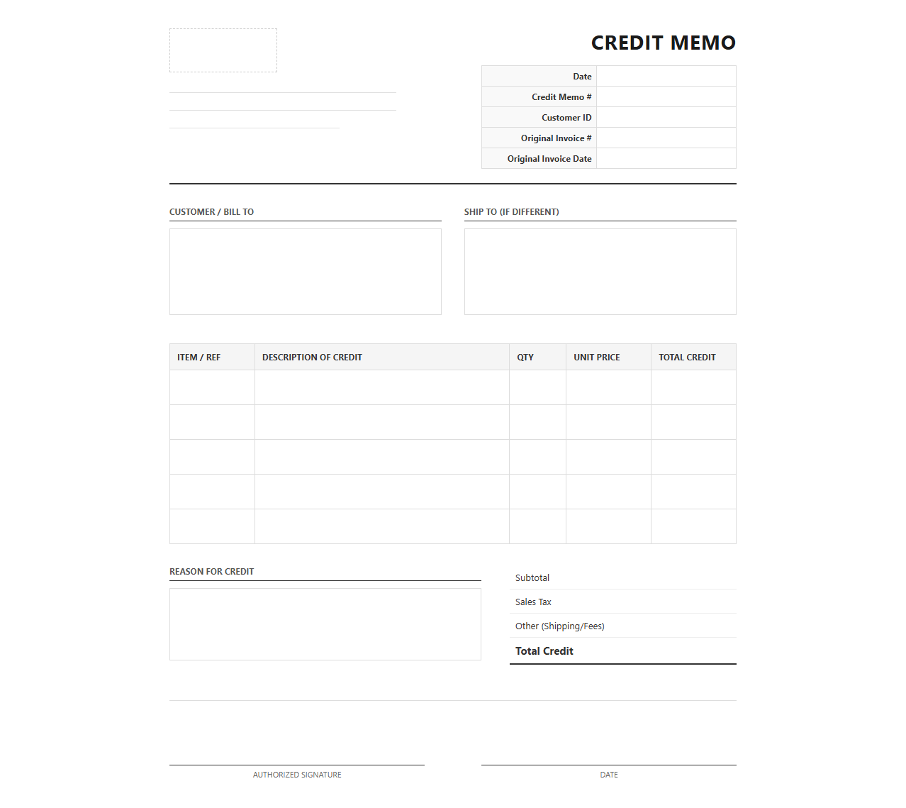 Credit Memo Refund Invoice Template