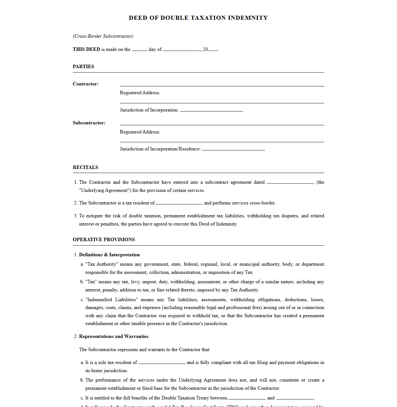 Cross-Border Subcontractor Double Taxation Indemnity Deed