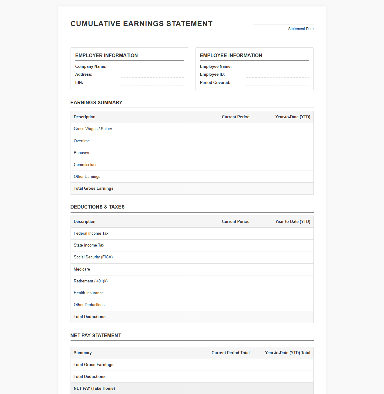 Cumulative Earnings Statement Template