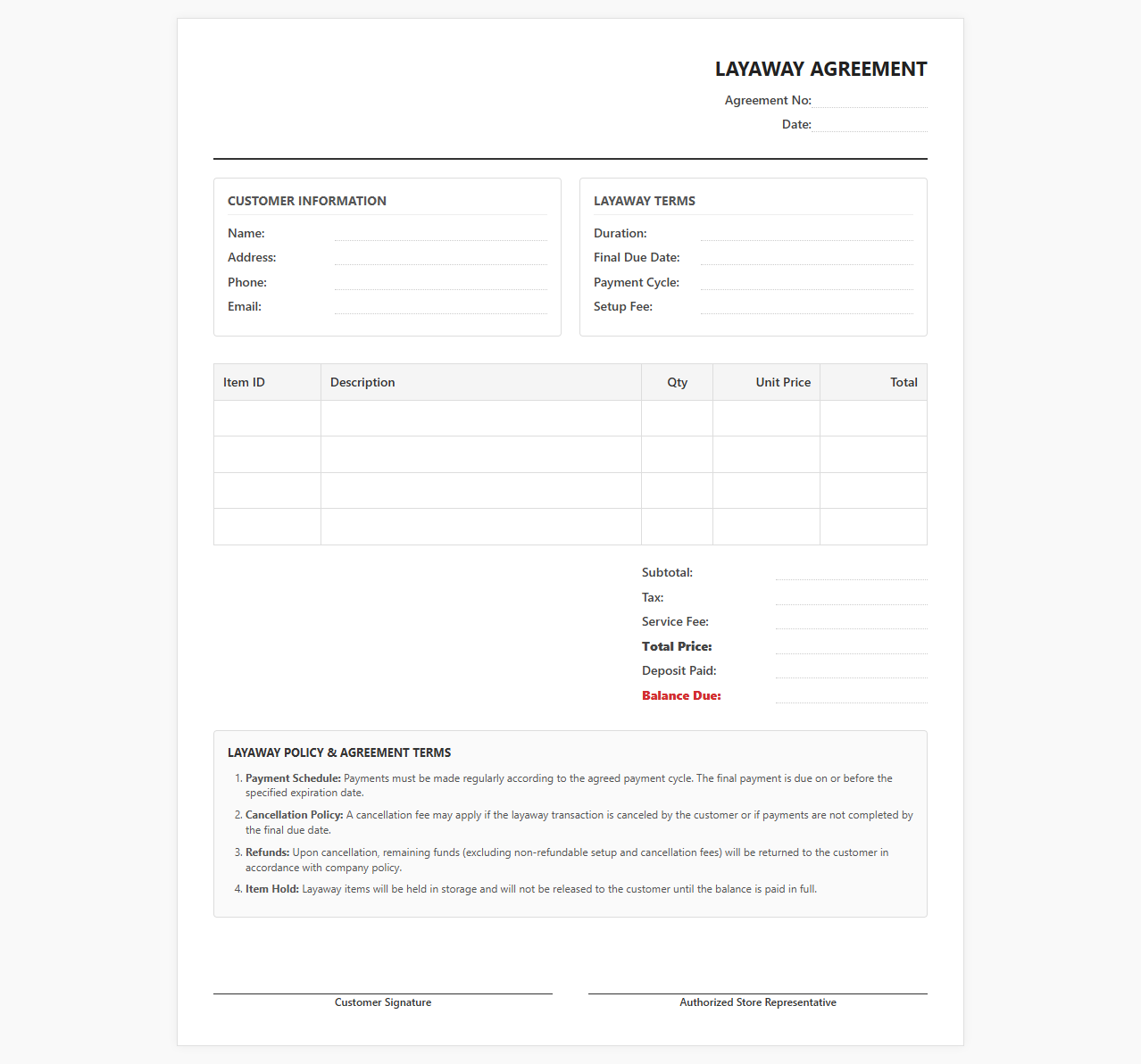 Customer Layaway Agreement and Sales Receipt