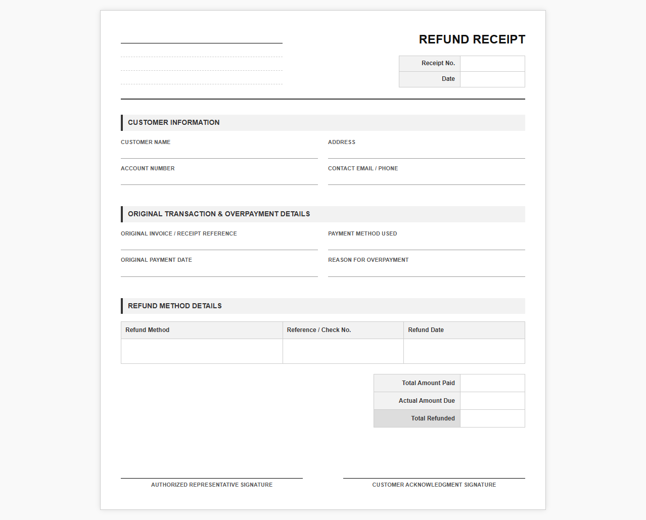 Customer Overpayment Refund Receipt Form