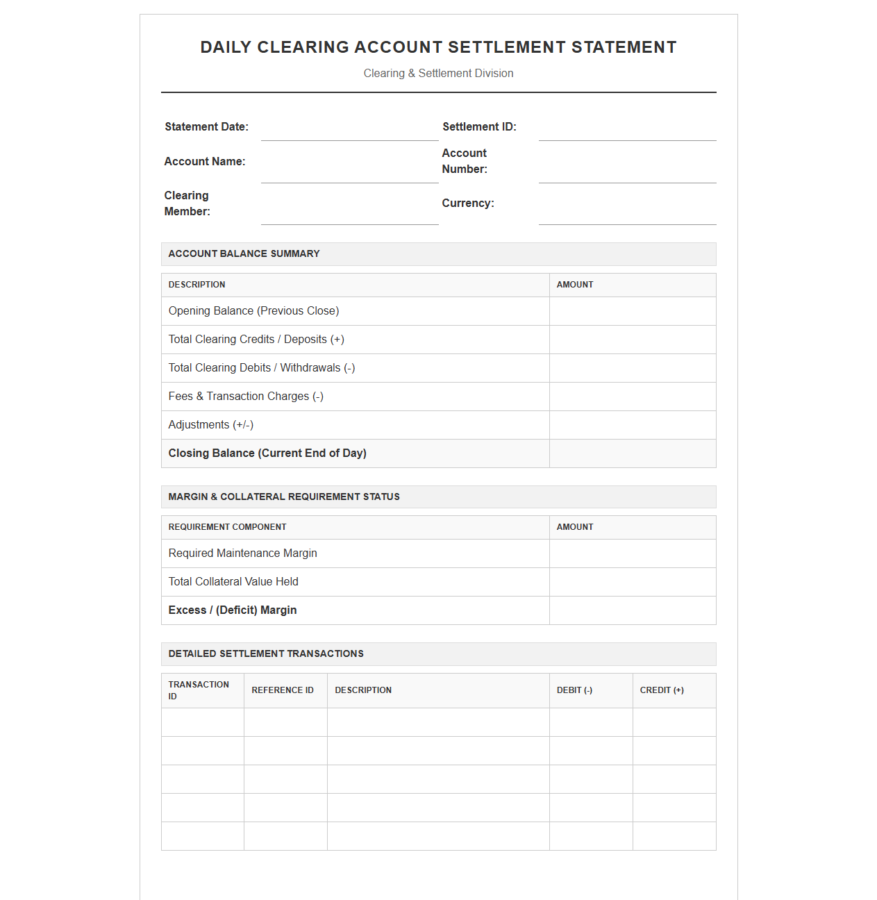 Daily Clearing Account Settlement Statement Form