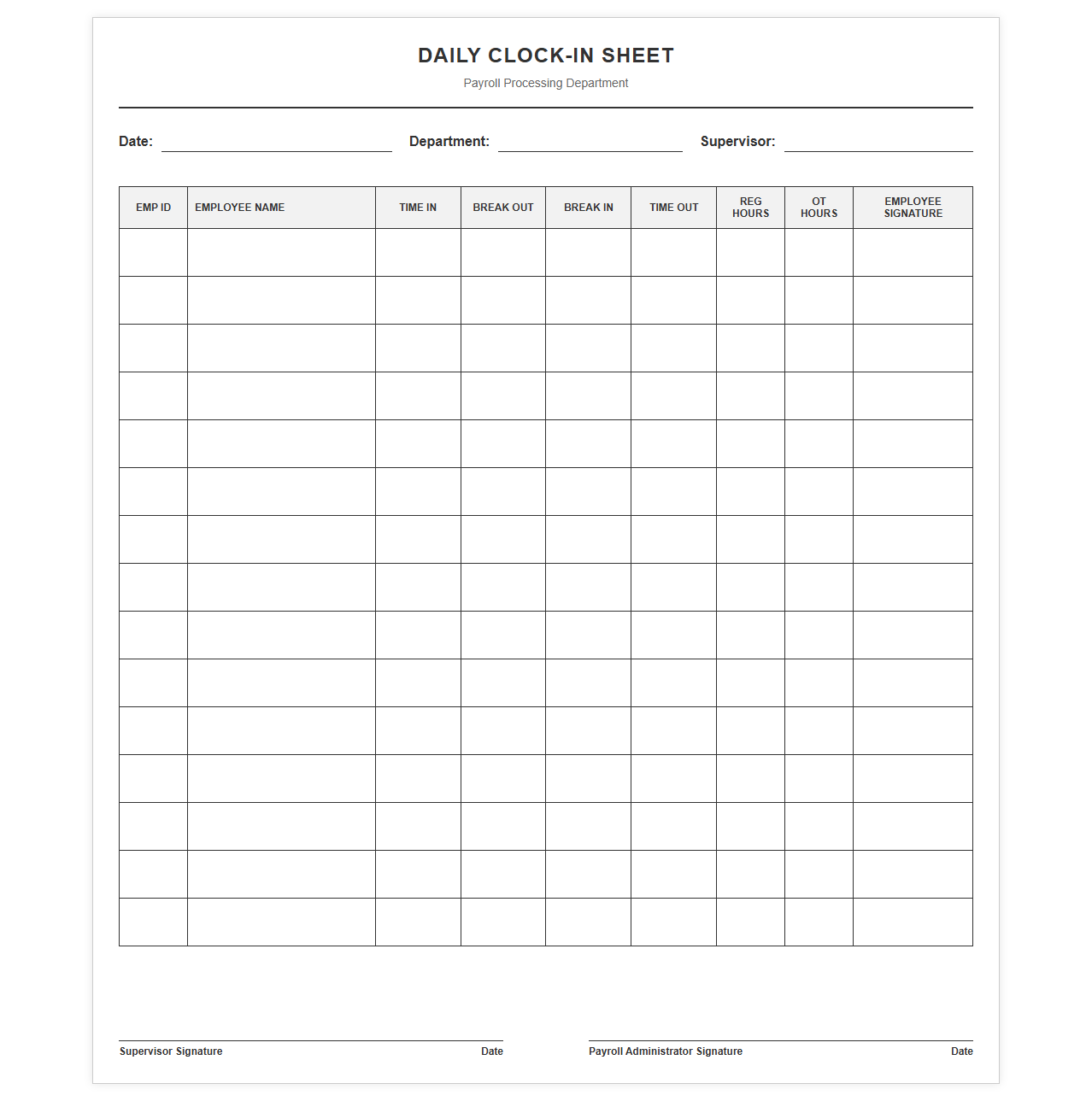 Daily Clock-In Sheet for Payroll Processing