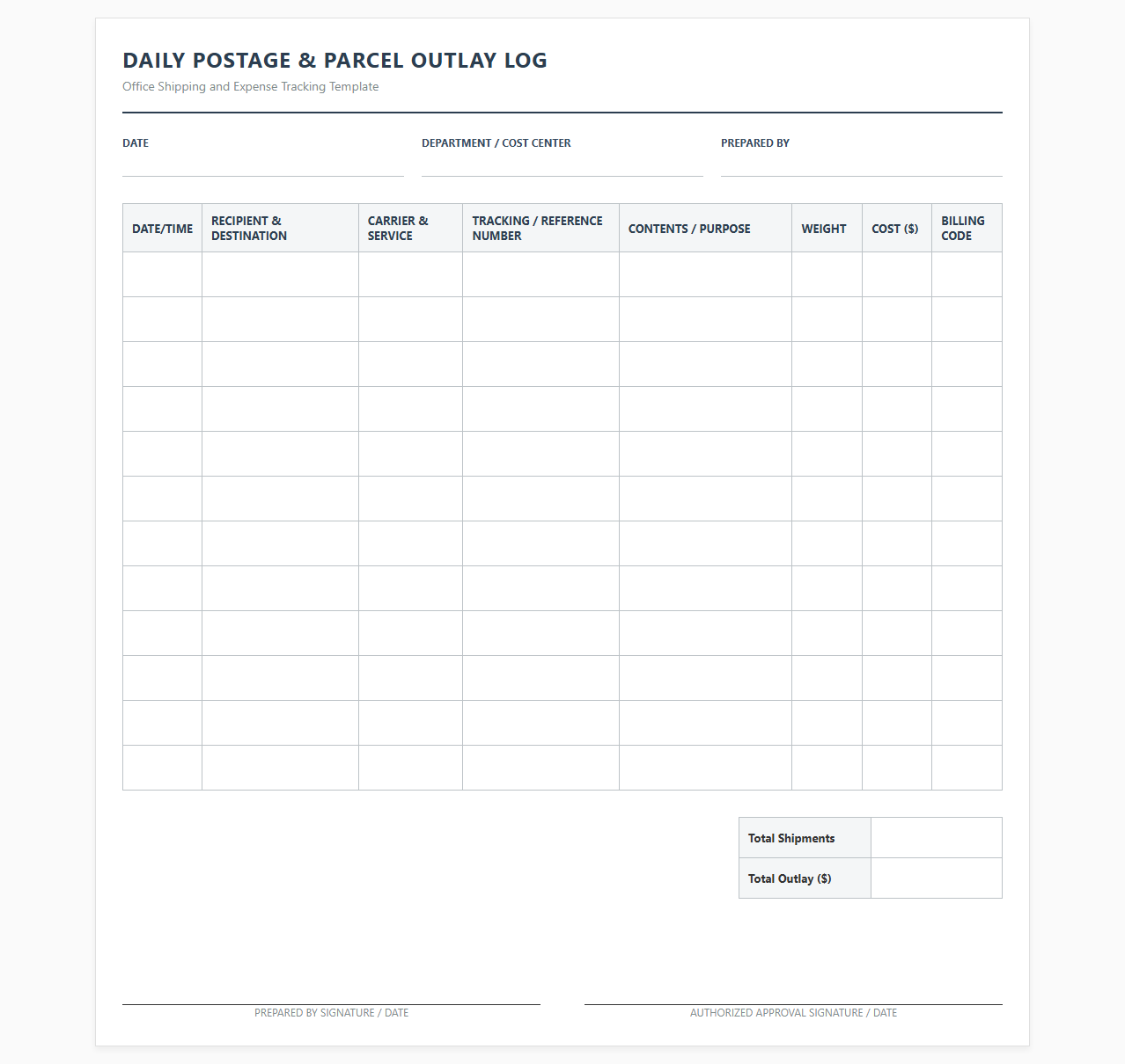 Daily Postage and Parcel Outlay Log