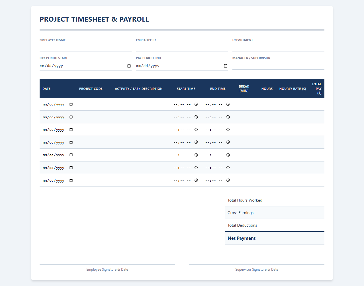 Daily Project Activity Timesheet with Payroll Calculator