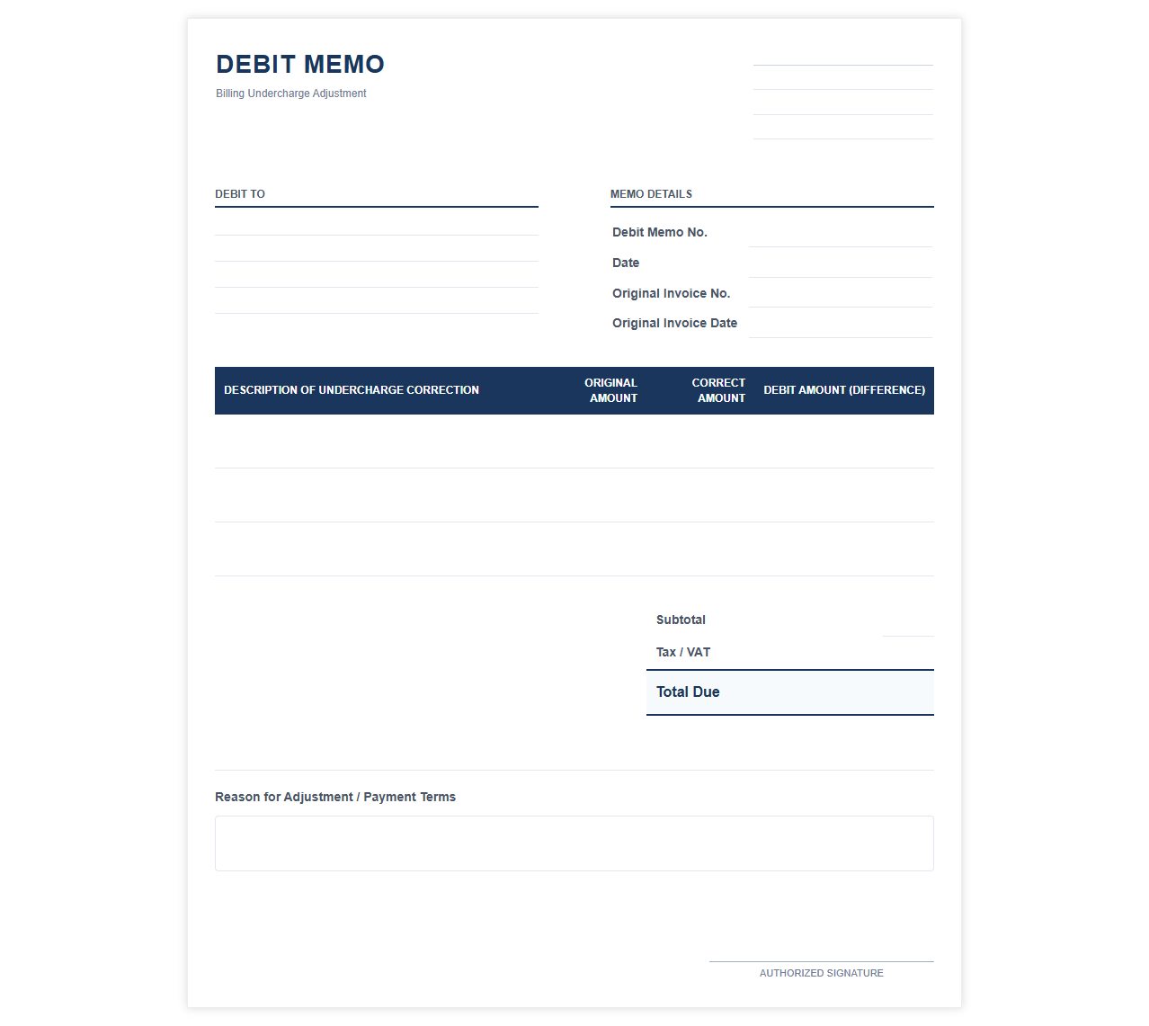 Debit Memo for Billing Undercharge