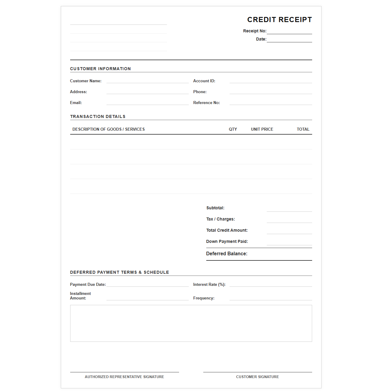 Deferred Payment Credit Receipt