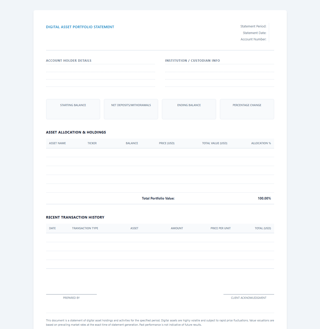 Digital Asset Portfolio Statement Template