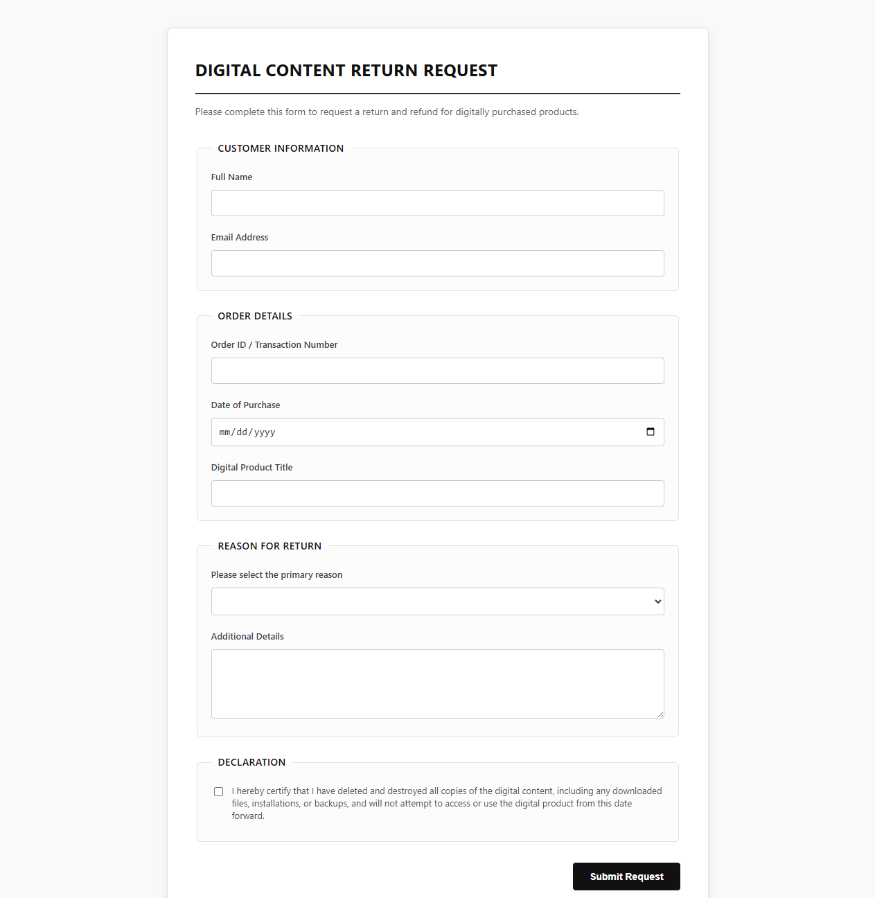 Digital Content Return Request Template
