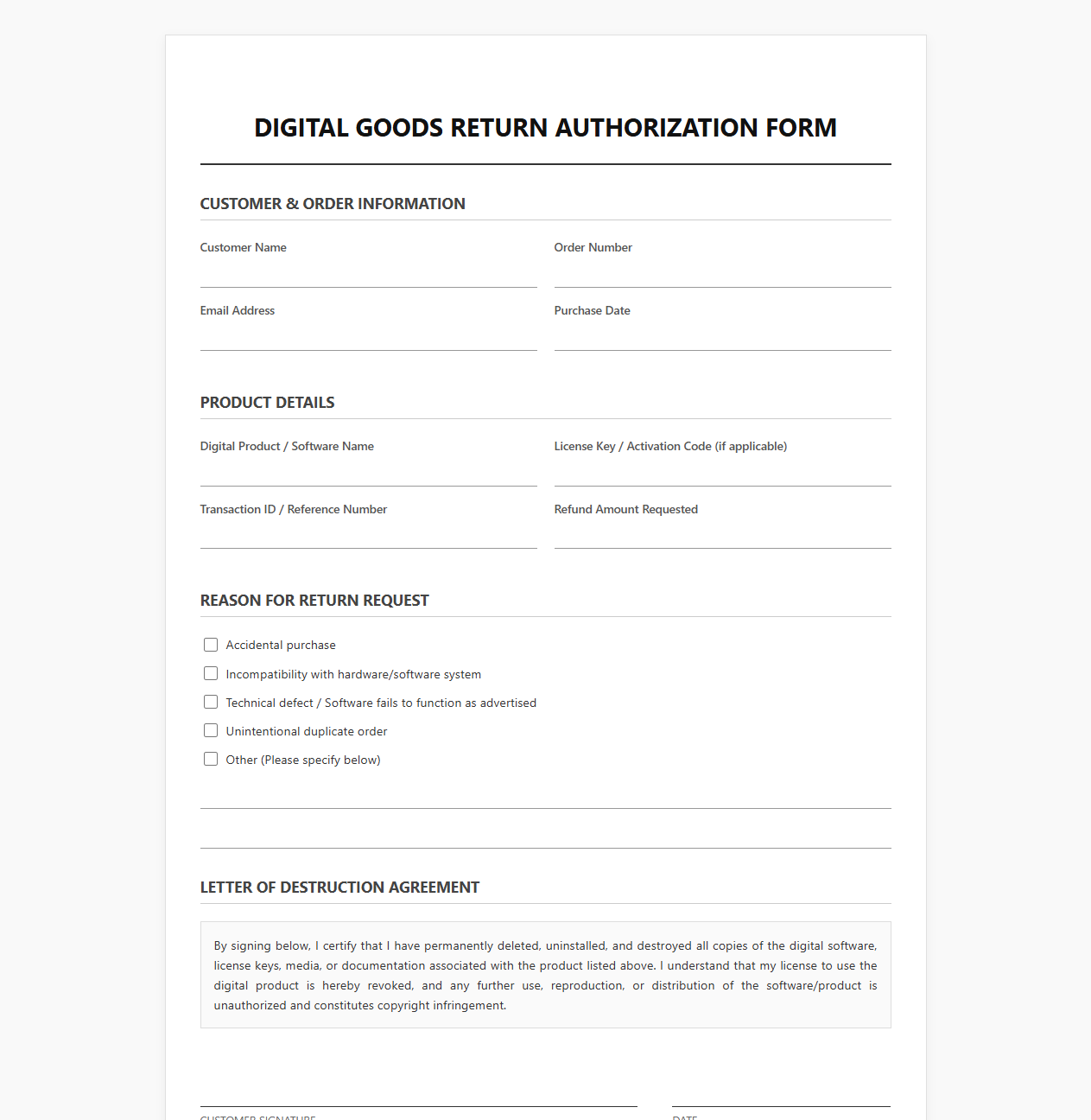 Digital Goods Return Authorization Form