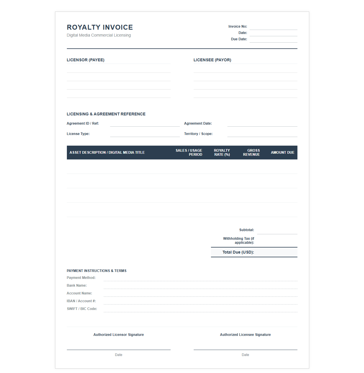Digital Media Commercial Royalty Invoice