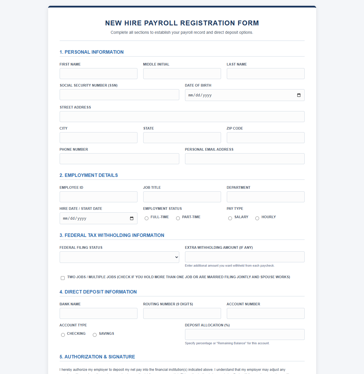Digital New Hire Payroll Registration Form