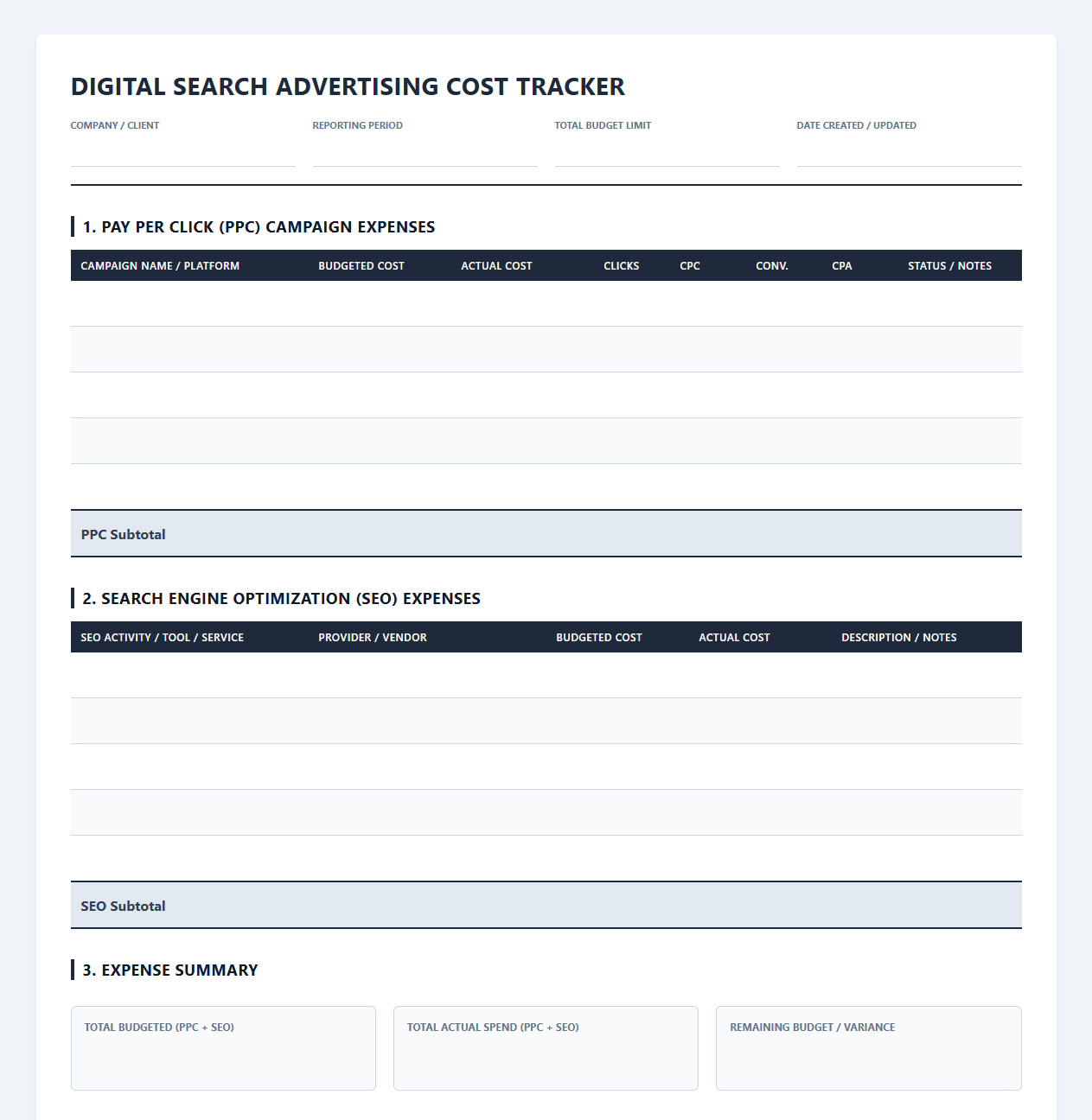 Digital Search Advertising Cost Tracker Template