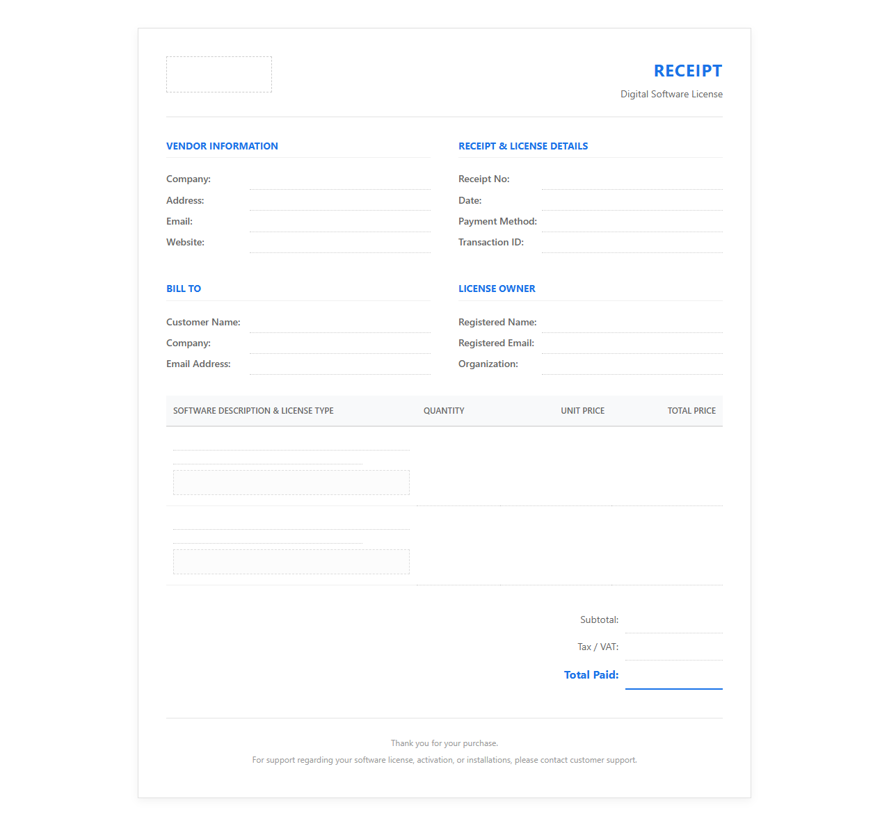 Digital Software License Purchase Receipt