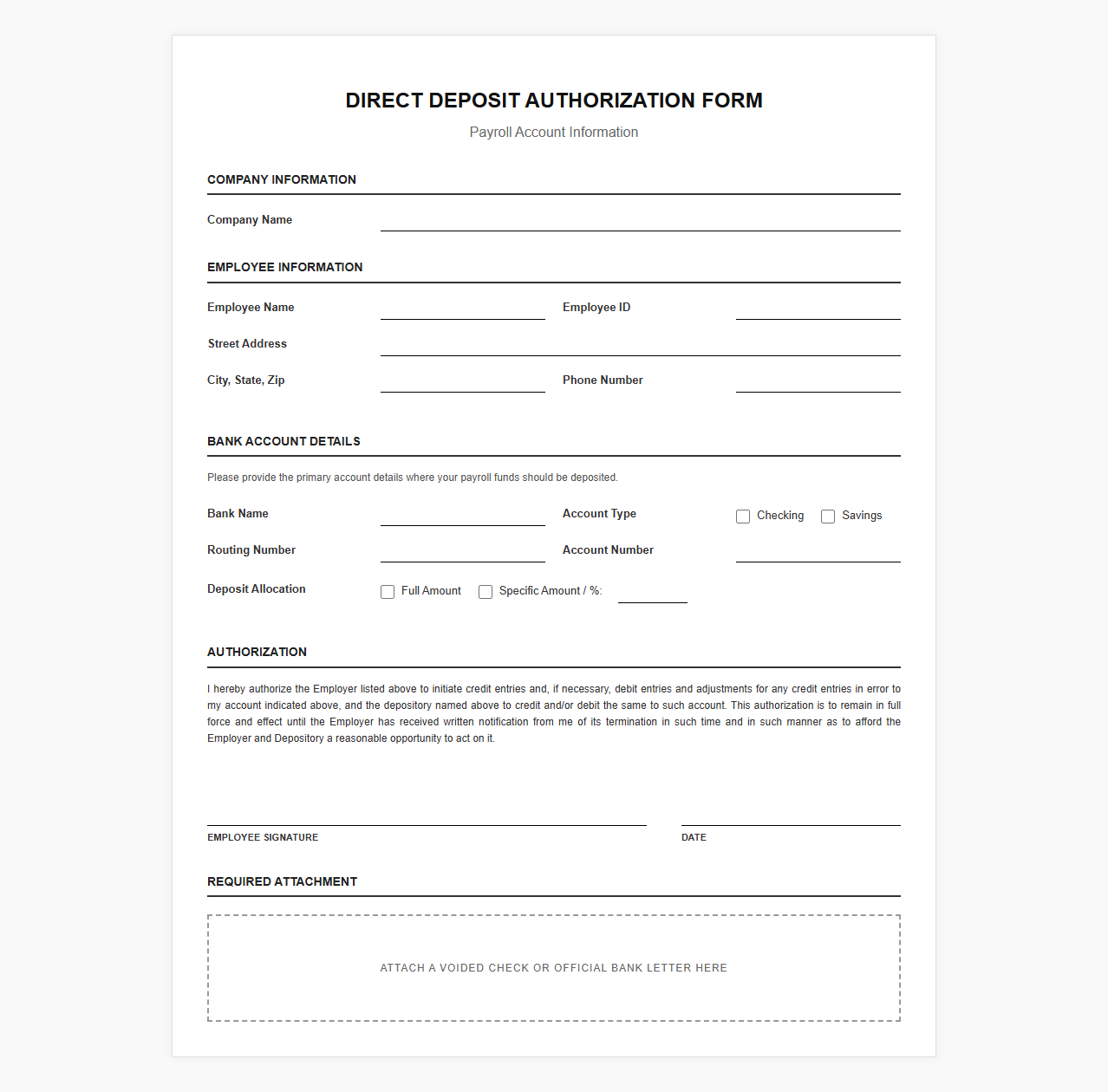 Direct Deposit Authorization and Bank Details Form