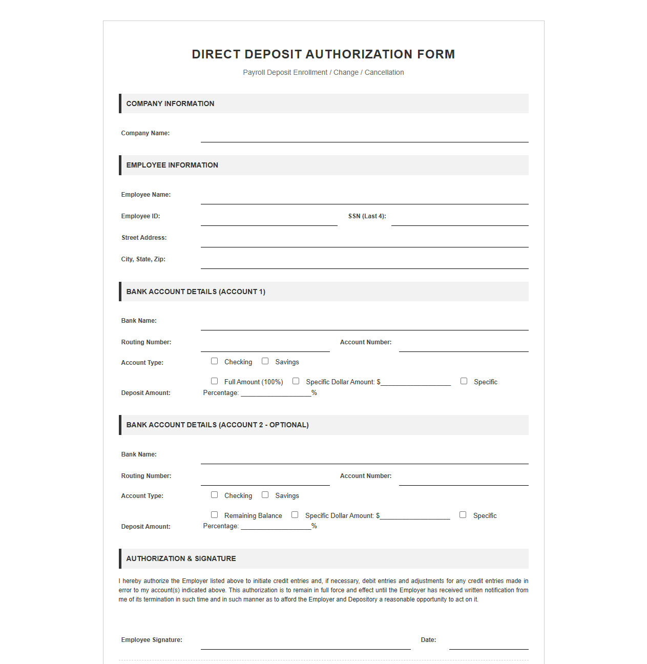 Direct Deposit Authorization Form