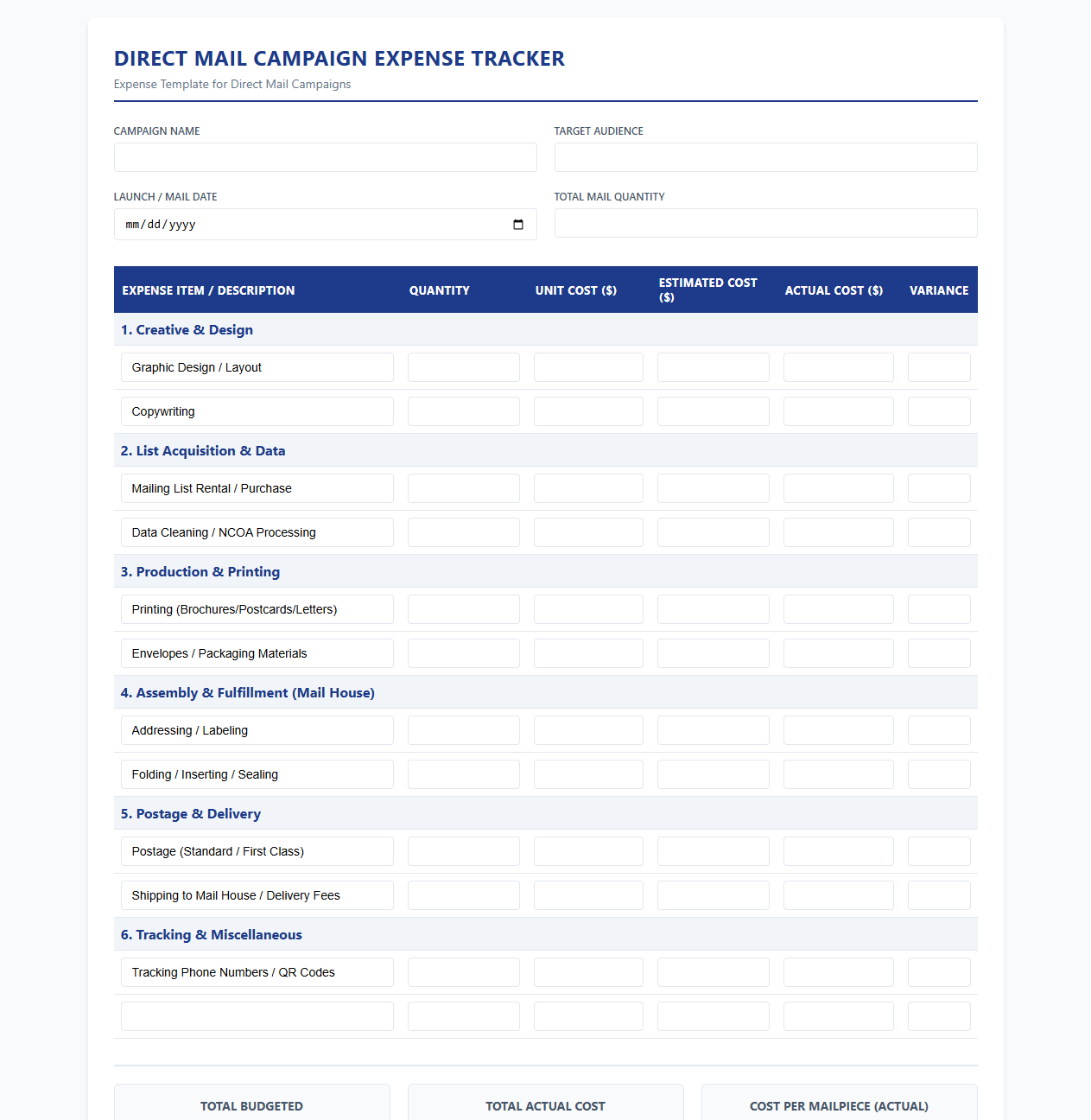 Direct Mail Campaign Expense Tracker