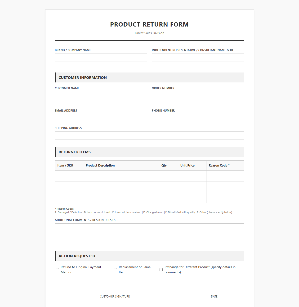 Direct Sales Product Return Form Template
