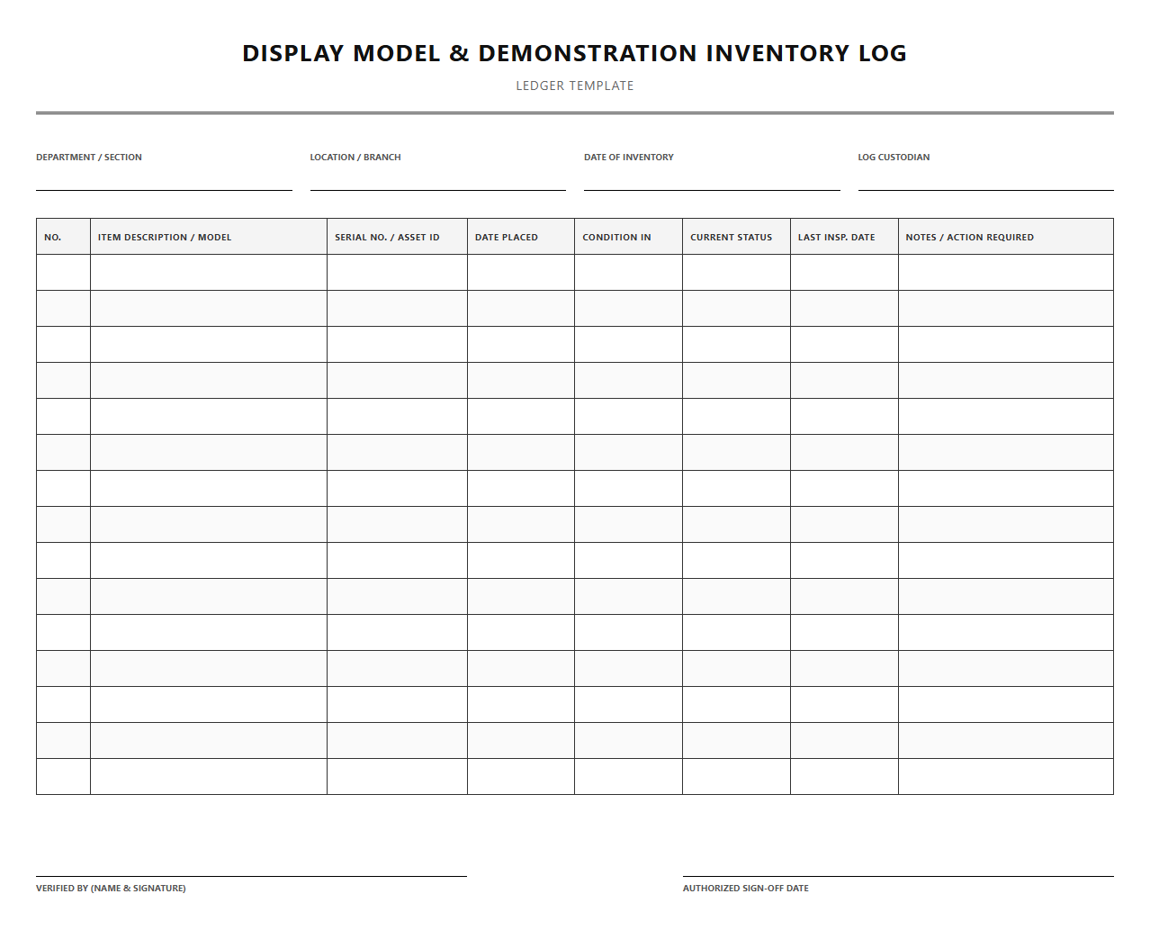 Display Model and Demonstration Inventory Log