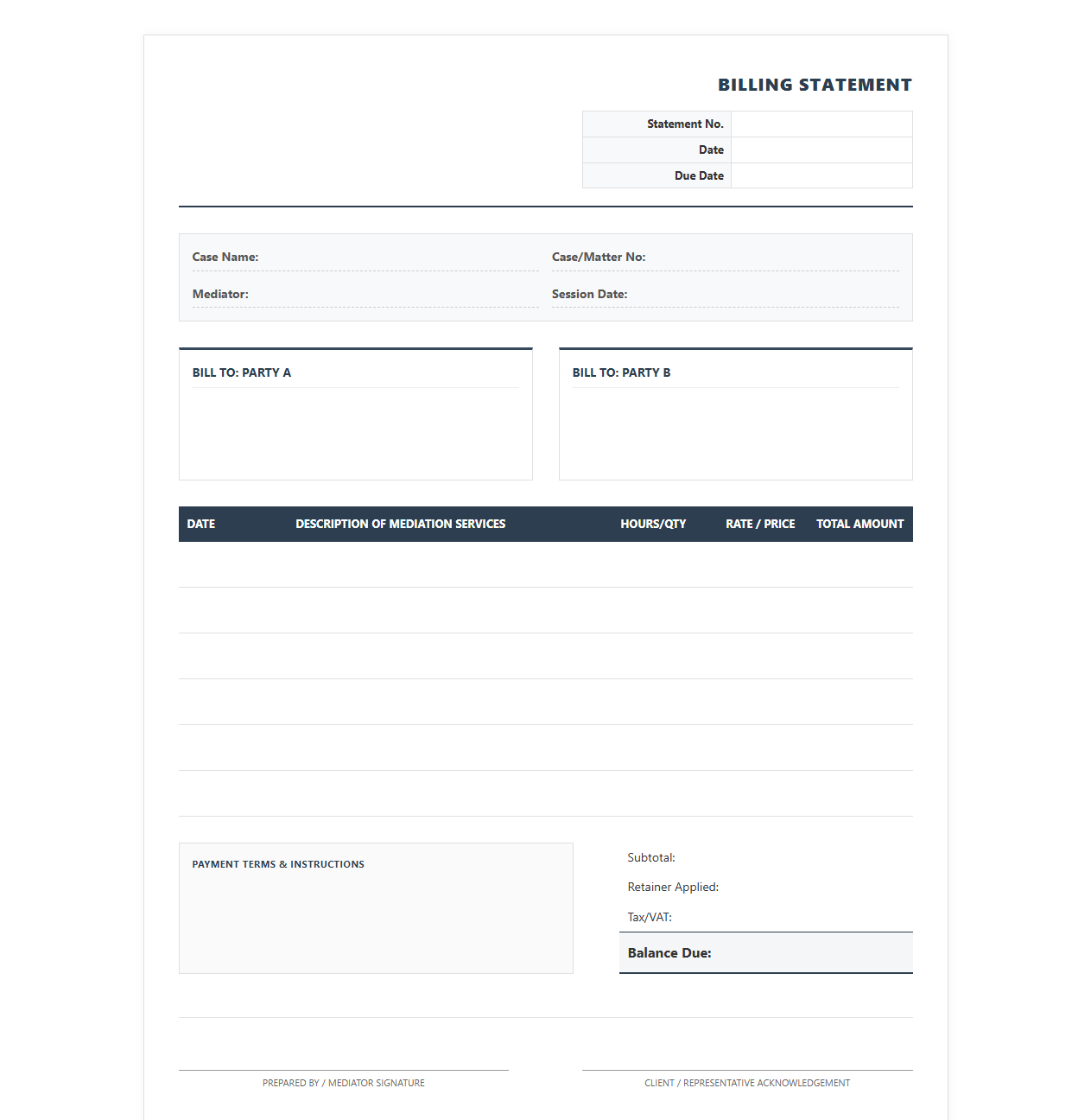 Dispute Resolution Session Billing Statement