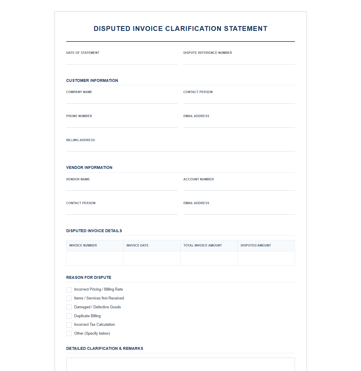 Disputed Invoice Clarification Statement Template