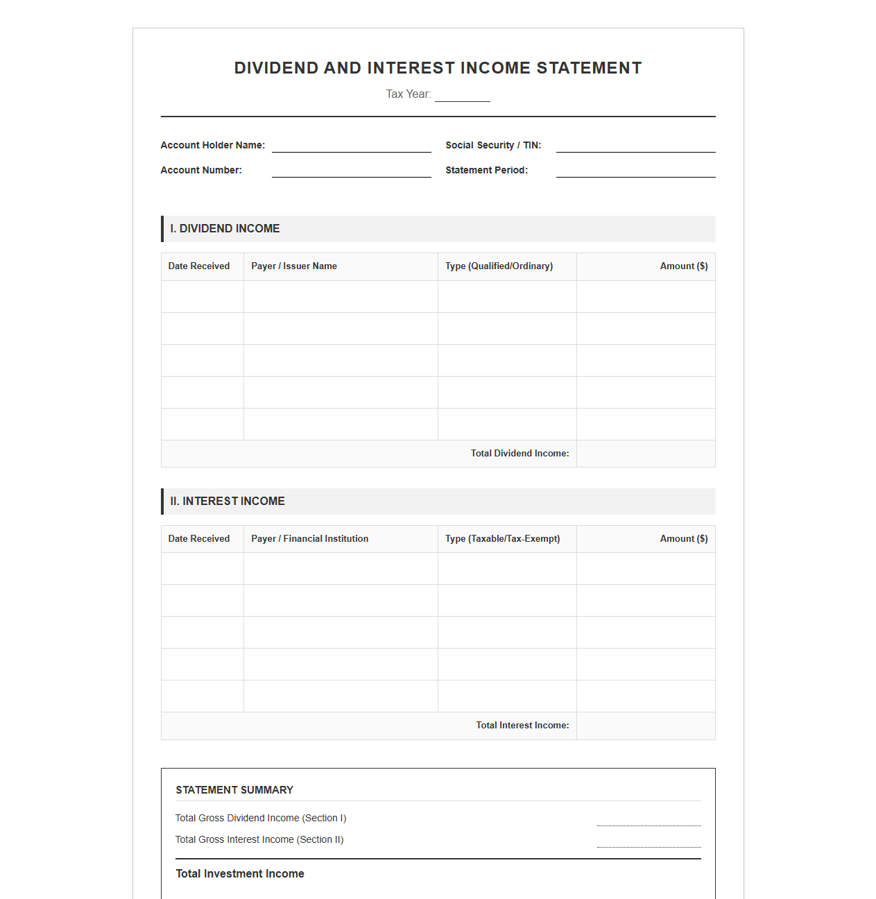 Dividend and Interest Income Statement Template