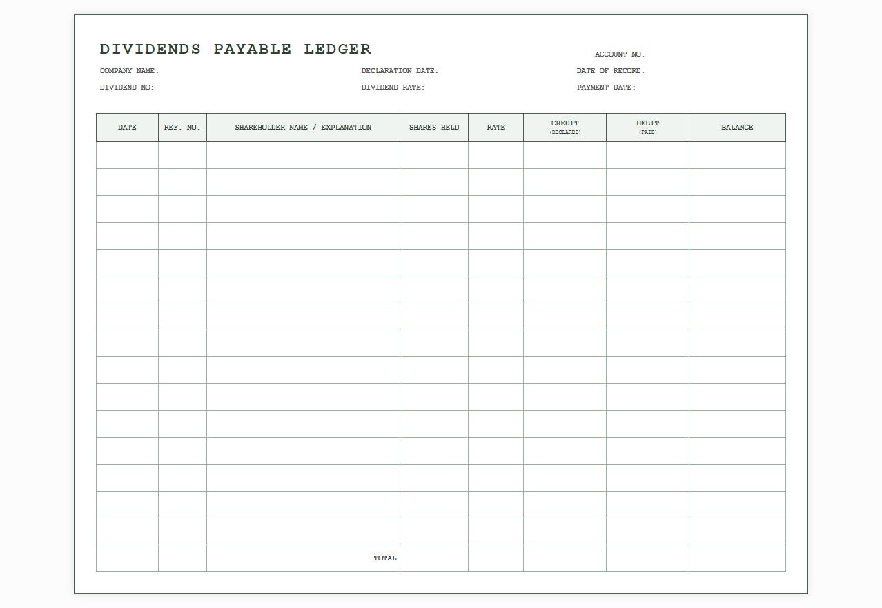 Dividends Payable Ledger Sheet