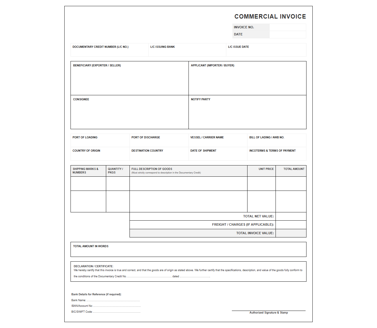 Documentary Credit Commercial Invoice Template