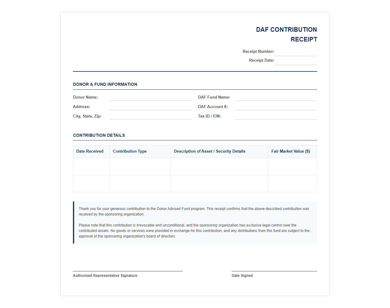 Donor Advised Fund Deposit Confirmation Receipt