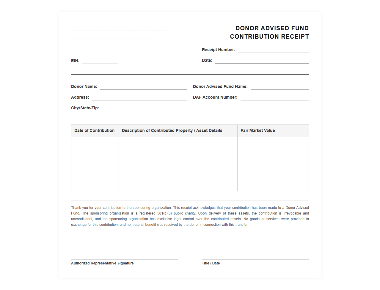 Donor Advised Fund Donation Receipt Form