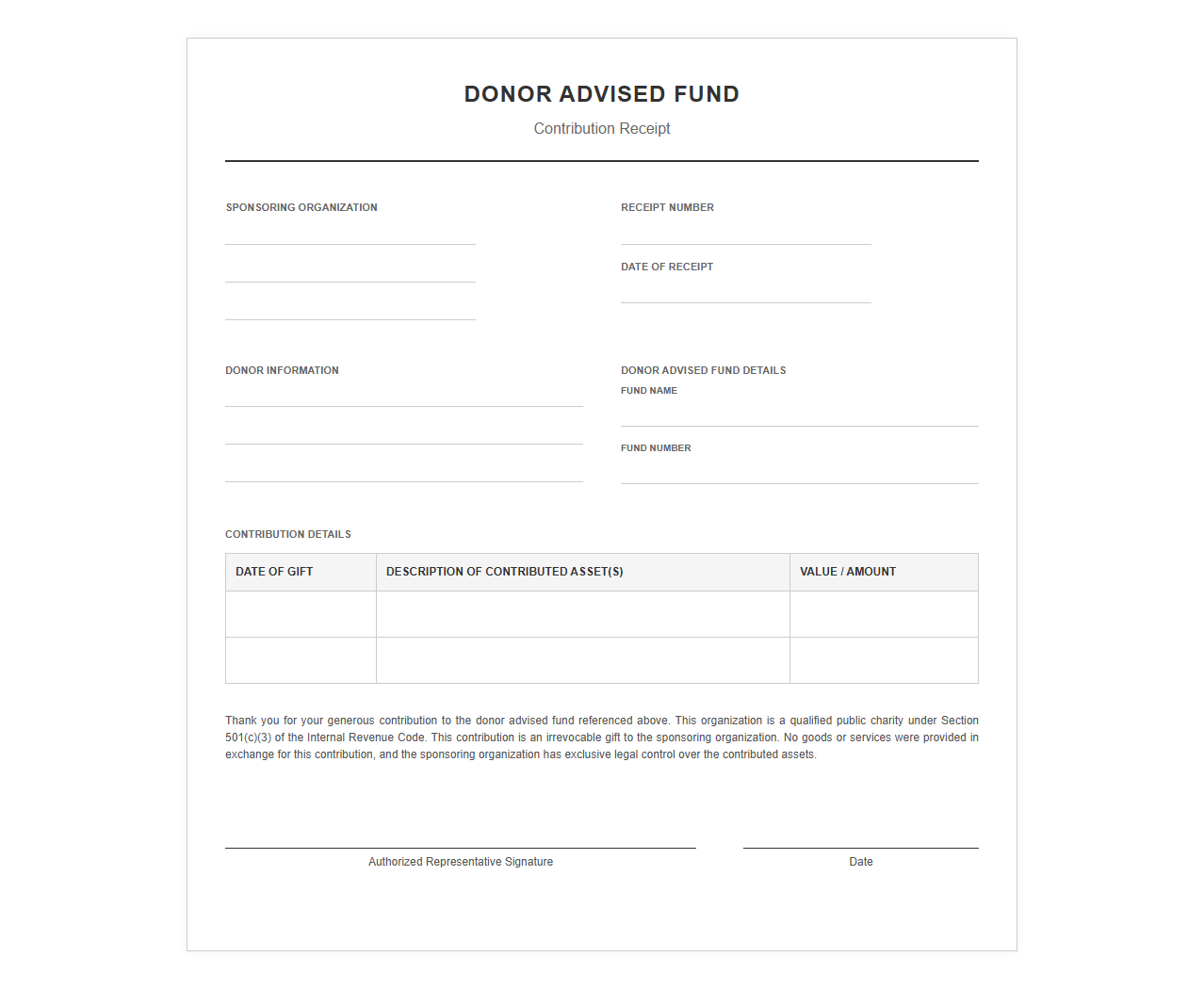 Donor Advised Fund Gift Receipt Template