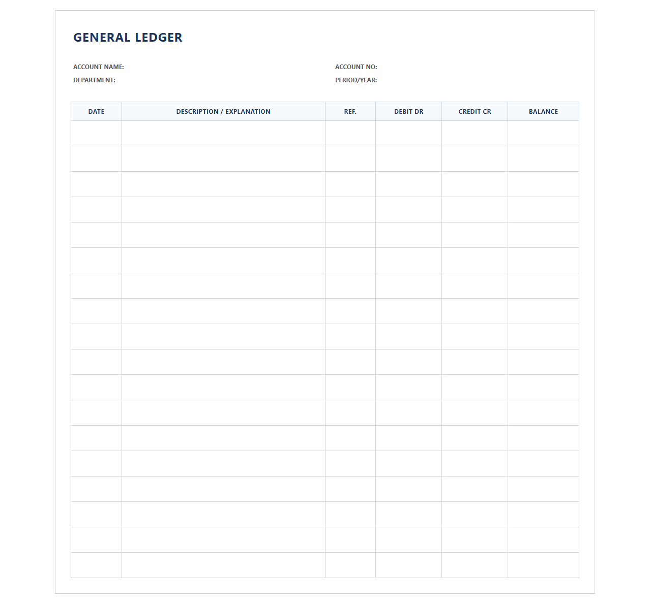 Double Entry General Ledger Sheet