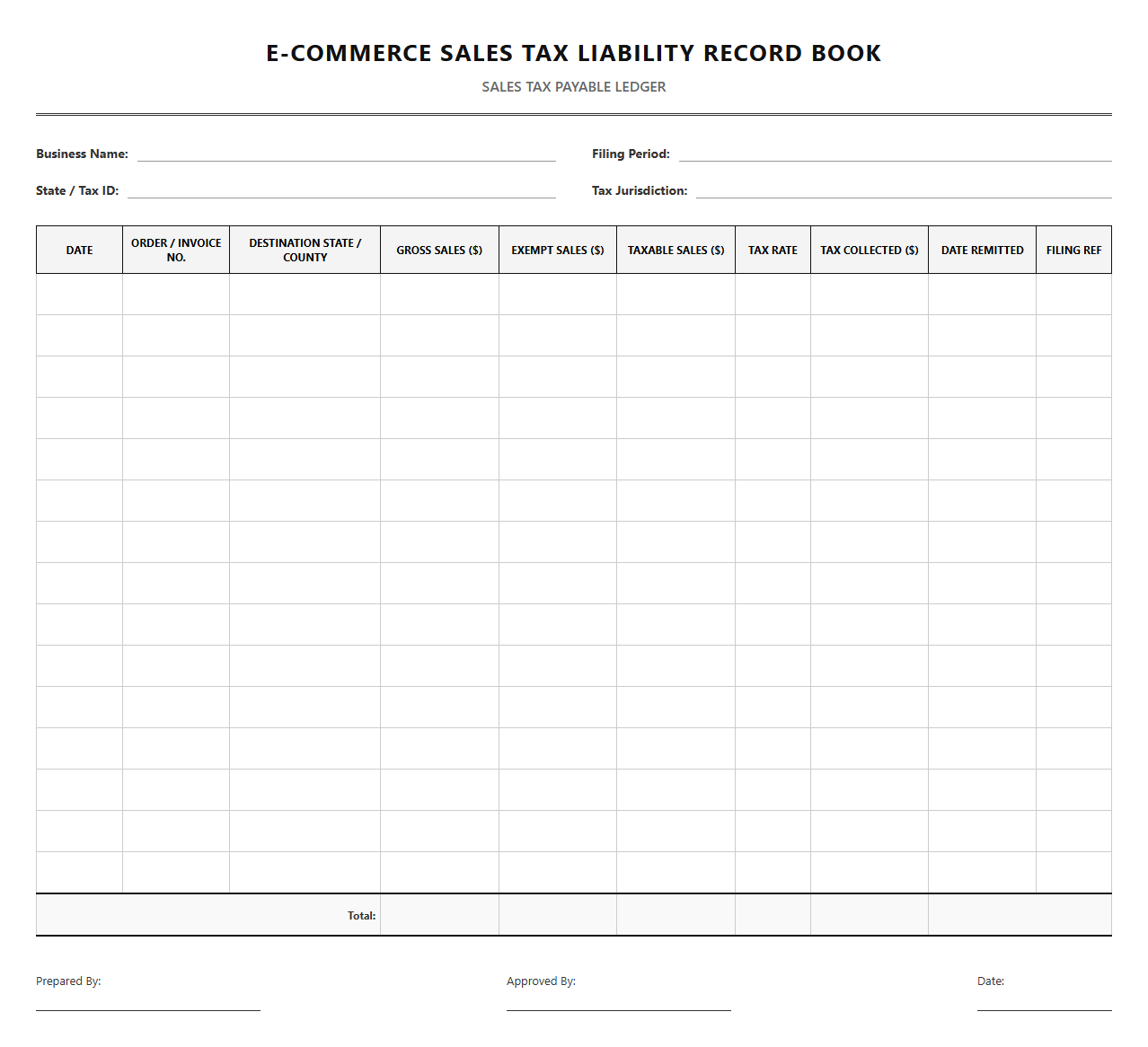 E-commerce Sales Tax Liability Record Book