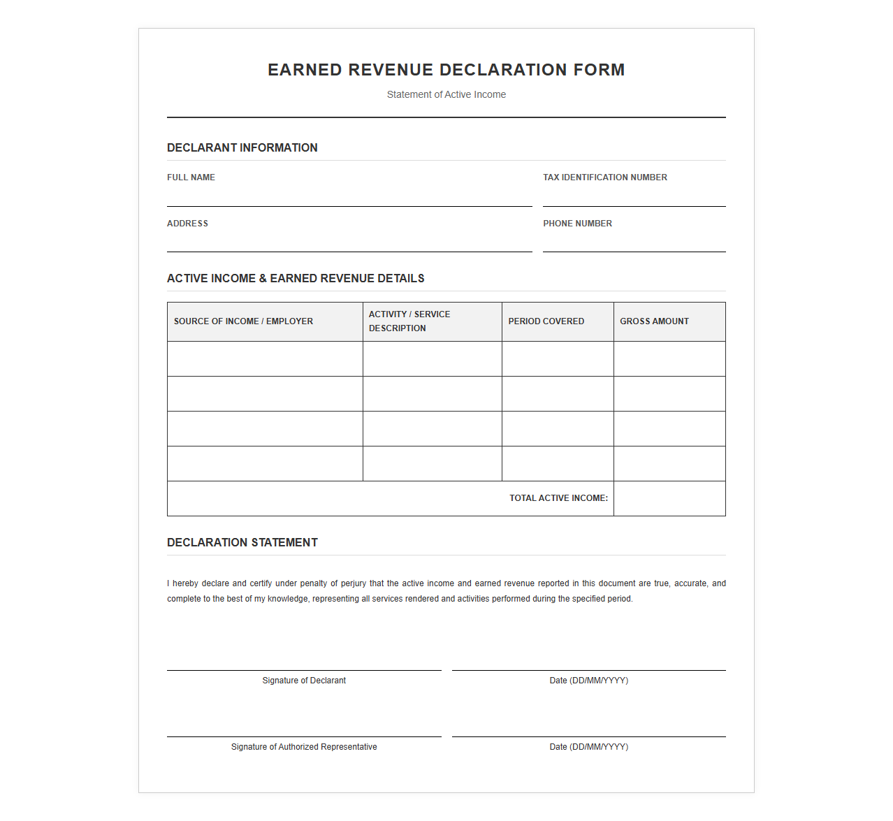 Earned Revenue Declaration Form