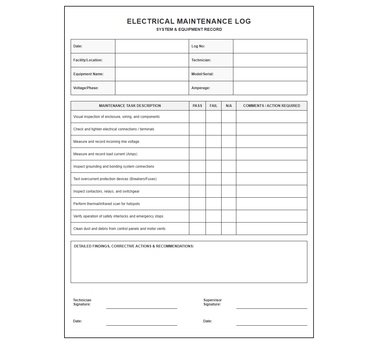 Electrical maintenance log book sheet