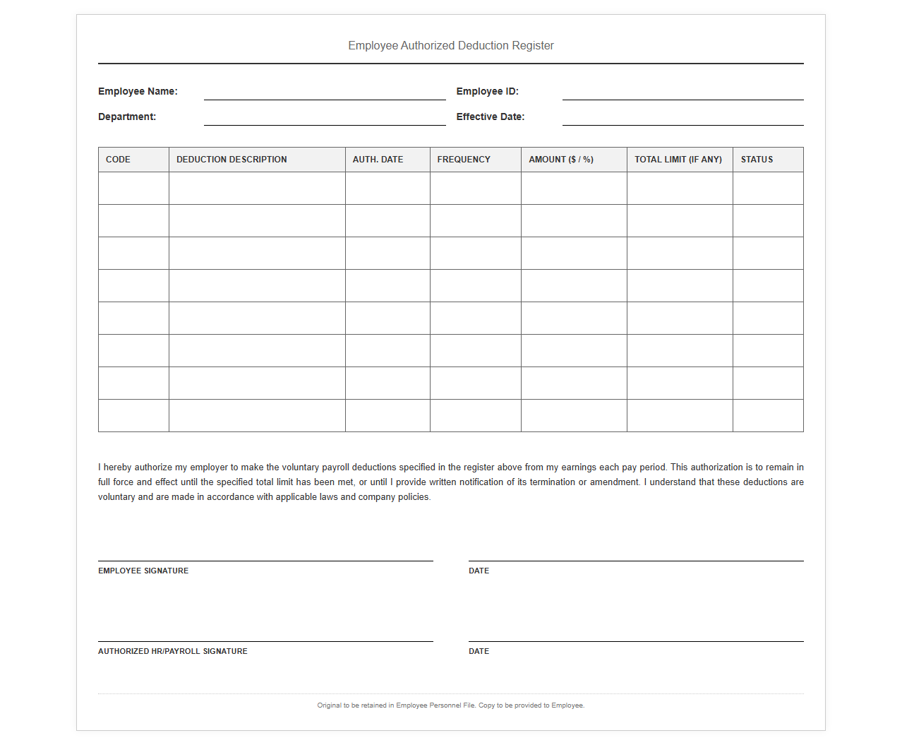 Employee Authorized Deduction Register Template