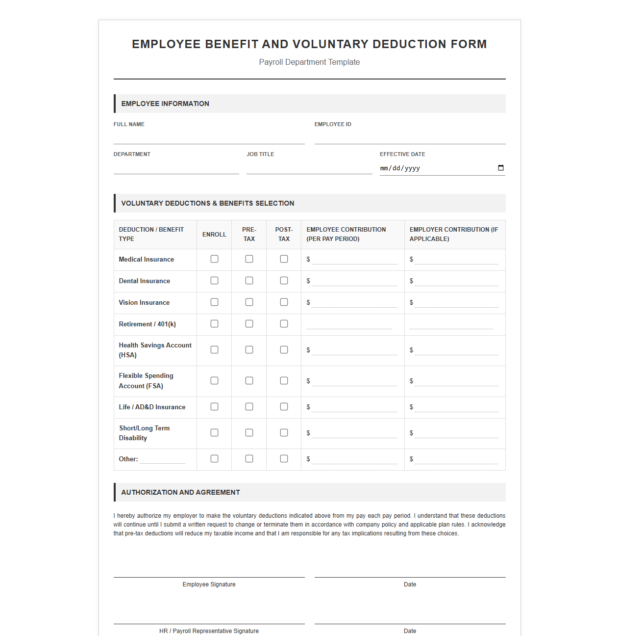 Employee Benefit and Voluntary Deduction Form