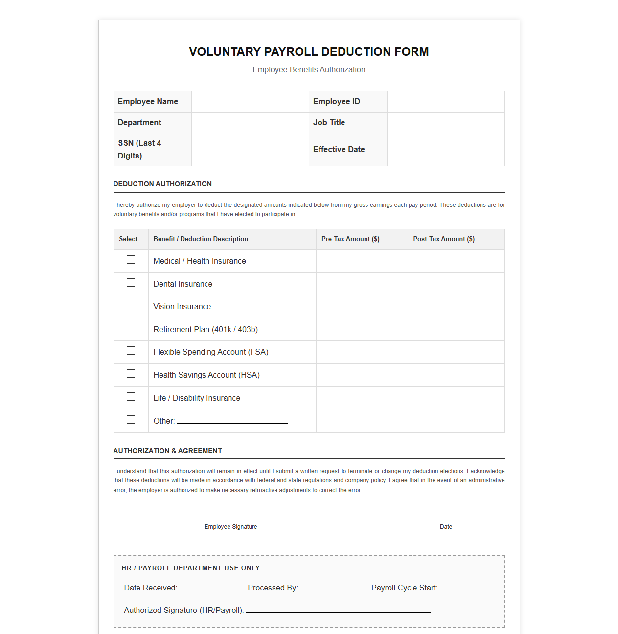 Employee Benefits Voluntary Payroll Deduction Form