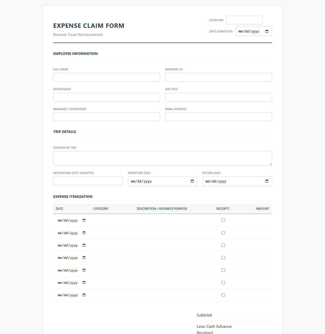 Employee Business Trip Expense Claim Form